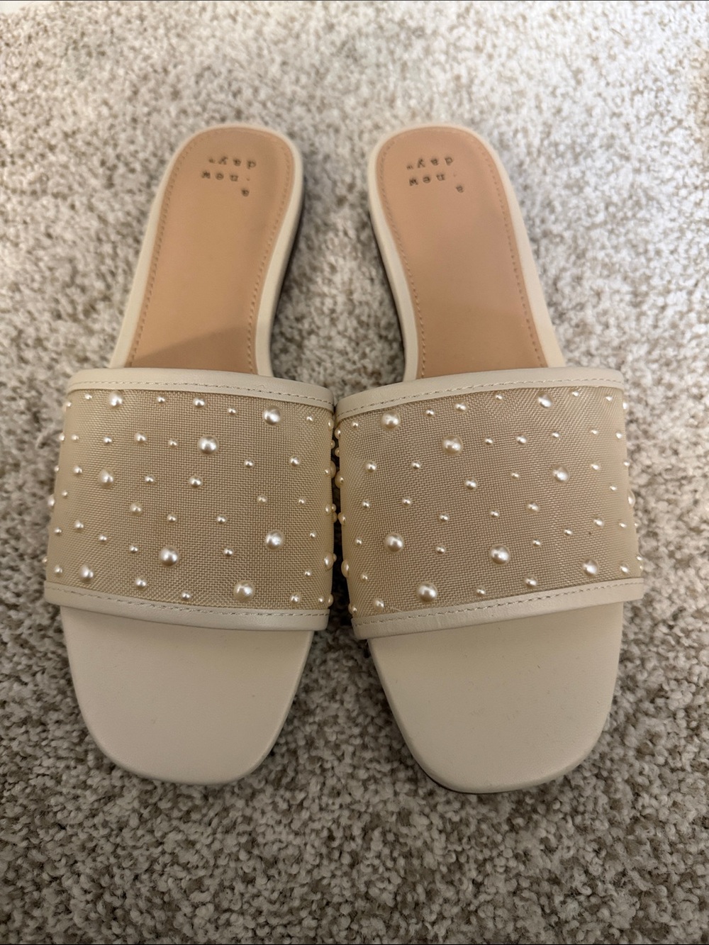 a new day Pearl-Studded Beige Slide Sandals size 8